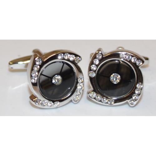 Fratello Silver Plated Round Cufflinks Set With Clear Rhinestone CL054