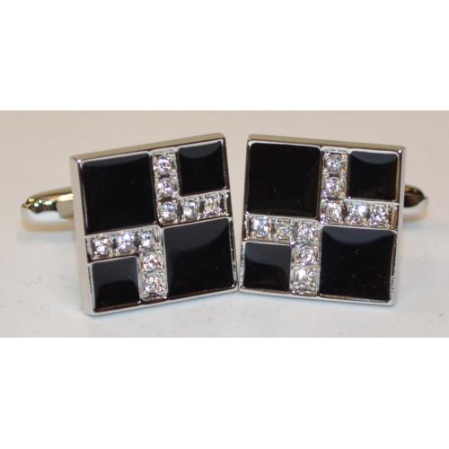 Fratello Silver Plated Square Cufflinks Set With Black Square And Clear Round Rhinestone CL056
