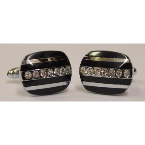 Fratello Silver Plated Oval Cufflinks Set With Black Rhinestones And Small Clear Rhinestones CL058