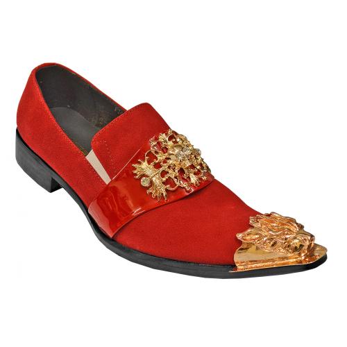 Fiesso Red Genuine Leather / Suede Loafer Shoes With Gold Metal Lion Tip And Metal Gold Skull / Clear Stones FI6907