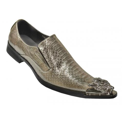 Fiesso Metallic Silver Snake Print Genuine Leather Loafer Shoes With Silver Metal Lion Tip FI6909