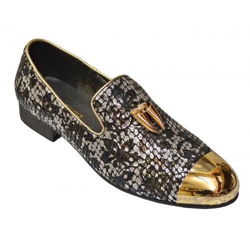 Fiesso Metallic Silver / Black / Gold Snake Print Genuine Leather Loafer Shoes With Gold Metal Cap And Gold Metal Tassels FI6919