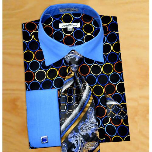 Daniel Ellissa Royal Blue / Black / Multicolor Circular Design Shirt / Tie / Hanky Set With Free Cufflinks DS3784P2