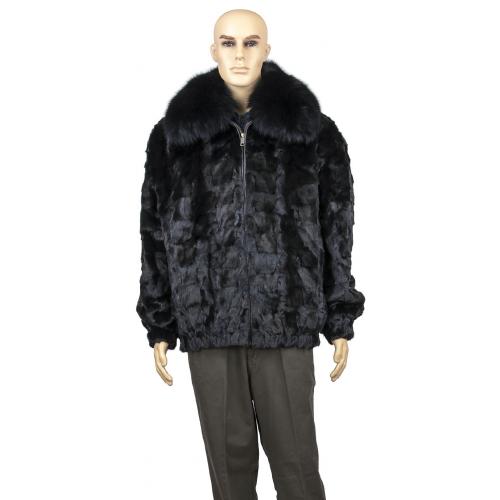 Winter Fur Black Men's Diamond Mink Jacket With Full Skin Fox Collar M49R01BK.