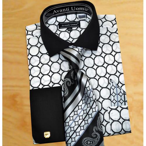 Avanti Uomo White / Black Circular Design Shirt / Tie / Hanky Set With Free Cufflinks DN68M
