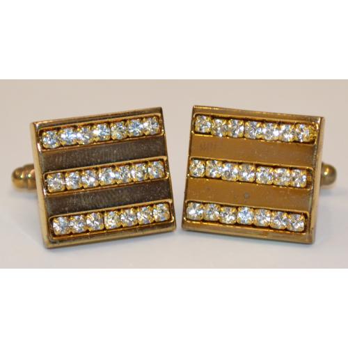 Fratello Gold Plated Rectangular Cufflinks Set With Three Raw Of Clear Rhinestone CL060