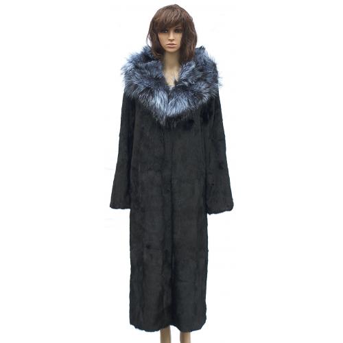 Winter Fur Ladies Black Full Skin Mink Full Length Coat With Silver Fox Collar W07F06BK.