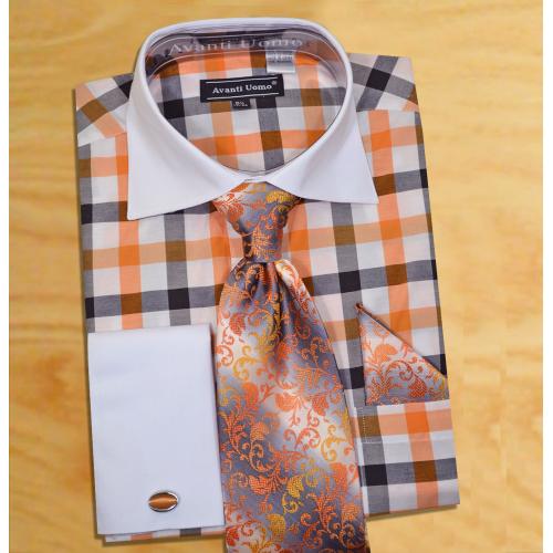 Avanti Uomo Orange / Black / White Check Design Shirt / Tie / Hanky Set With Free Cufflinks DN58M