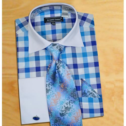 Avanti Uomo Turquoise / Navy Blue / White Check Design Shirt / Tie / Hanky Set With Free Cufflinks DN58M