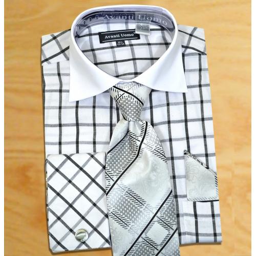 Avanti Uomo White / Black Windowpane Shirt / Tie / Hanky Set With Free Cufflinks DN56M