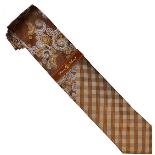 Steven Land Collection W581 Chocolate / Champagne / White Paisley / Plaid 100% Woven Silk Necktie / Hanky Set