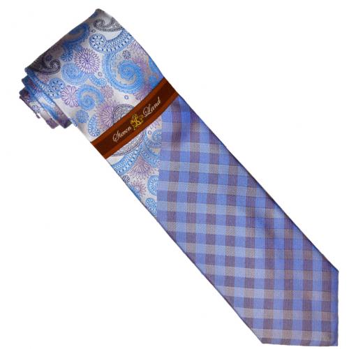 Steven Land Collection W581 Light Lilac / Turquoise / Lilac / Navy Blue Paisley / Plaid 100% Woven Silk Necktie / Hanky Set