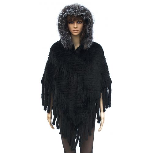 Winter Fur Ladies Knitted Black / Silver Mink Poncho With Hood W09K01BD