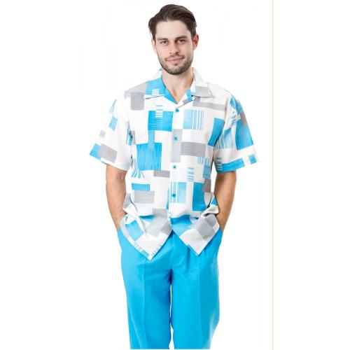Montique Turquoise Blue / Off White / Medium Grey Abstract Design Short Sleeve Outfit 639