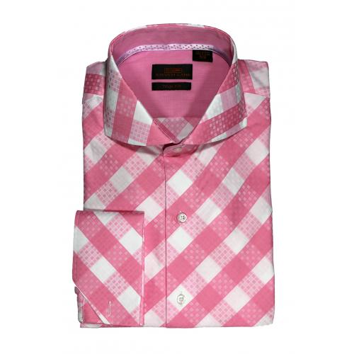 Steven Land Pink / White Diamond Checks With Spread Collar / French Cuffs 100% Cotton Dress Shirt TA1616
