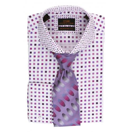 Steven Land White / Plum / Lavender Checks With Spread Collar / Single Link Cuffs 100% Cotton Dress Shirt DM1544