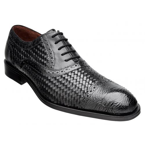 Belvedere "Pio" Black Genuine Alligator / Soft Woven Italian Calf Oxford Shoes 24F