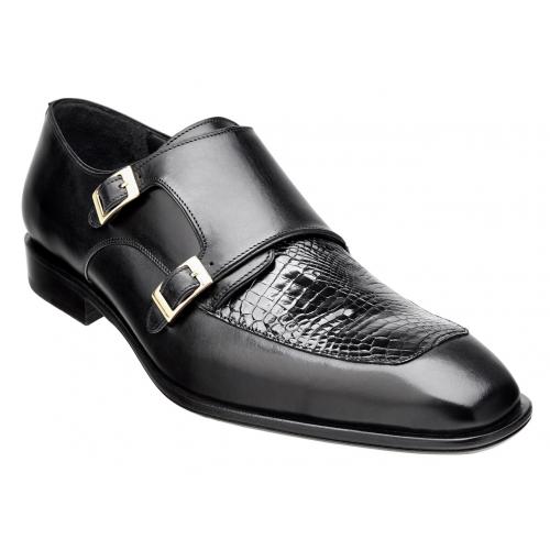 Belvedere "Alvaro" Black Genuine Alligator / Italian Calf Loafer Shoes With Monk Strap 927