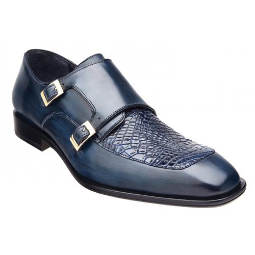 Belvedere "Alvaro" Blue Safari Genuine Alligator / Italian Calf Loafer Shoes With Monk Strap 927