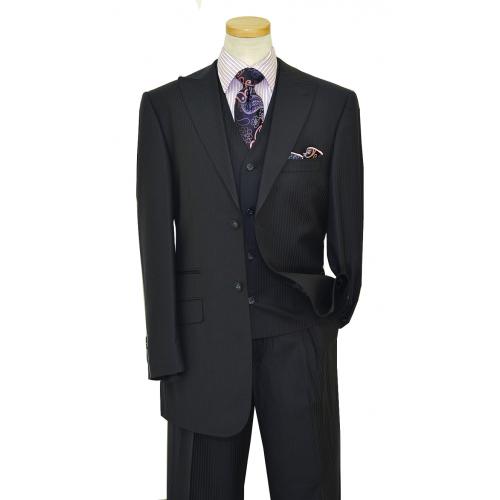 Luciano Carreli "Couture" Midnight Navy / Lavender Pinstripes With Black Handpick Stitching Super 150's Wool Vested Wide Leg Suit 6291-1849