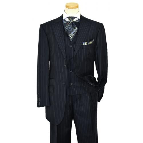 Luciano Carreli "Couture" Navy Blue / Chalkstripes With Navy Blue Handpick Stitching Super 150's Wool Vested Wide Leg Suit 6291-1364