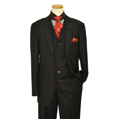 E. J. Samuel Black With Red Handpick Stitching Super 150's Vested Suit M2688