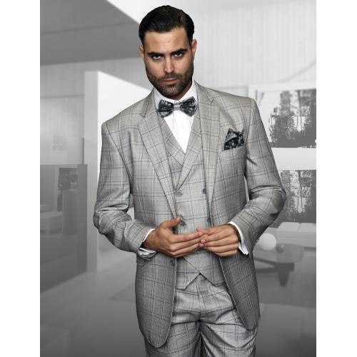 Statement Confidence Grey / Royal Blue / Cognac Windowpanes Super 150's Wool Vested Suit TZ-926