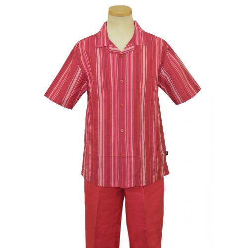 Stacy Adams Fuchsia / Pink / White Multi Stripe Design Button Up 2 Piece Short Sleeve Linen / Cotton Outfit 9518