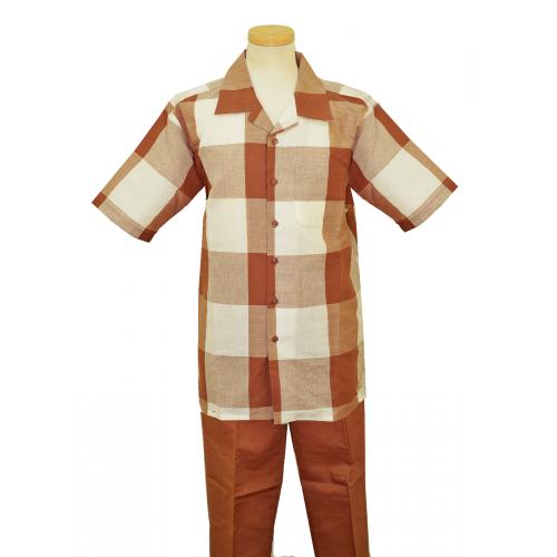 Bagazio Tan / Ivory Modern Checker Design Cotton Blend Short Sleeves 2 Piece Outfit BM1603