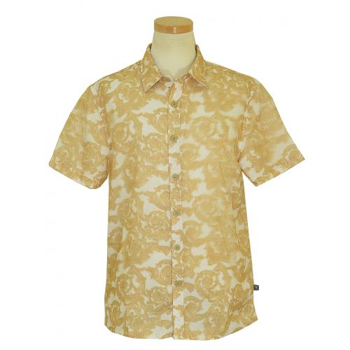 Stacy Adams Honey Gold / Cream Floral Paisley Design Unique Double Layered Cotton Blend Button Up Short Sleeves Shirt 9620