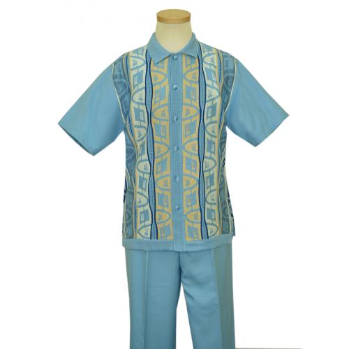 Silversilk Light Blue / Royal Blue / Beige / White Geometric Design Button Up 2 Piece Short Sleeve Knitted Outfit 9302