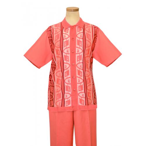 Silversilk Coral Pink / Fuchsia / White Geometric Design Button Up 2 Piece Short Sleeve Knitted Outfit 9302