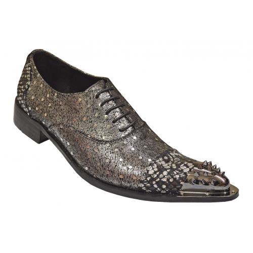 Fiesso Metallic Silver / Black Polka Dot Design Genuine Leather Pointed Toe Oxford Dress Shoes With Gunmetal Spiked Metal Tip FI6883