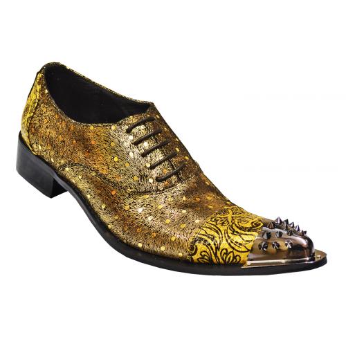 Fiesso Metallic Gold / Black Polka Dot Design Genuine Leather Pointed Toe Oxford Dress Shoes With Silver Spiked Metal Tip FI6883