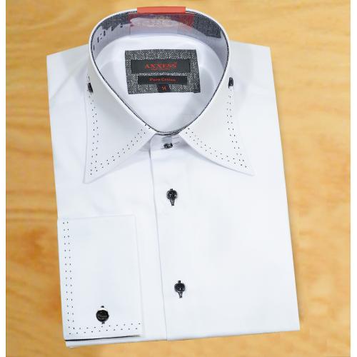 Axxess White / Black Button Modern Fit Spread Collar French Cuff Dress Shirt 316-01