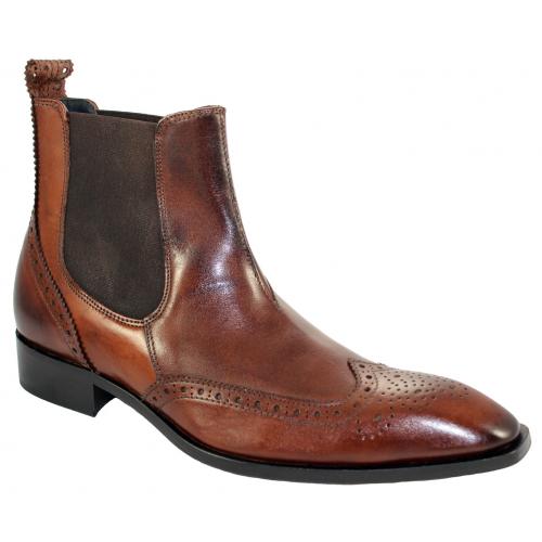 Duca Di Matiste 300 Brandy Genuine Italian Calfskin Leather Ankle Boots With Toe Perforation.