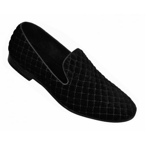 Amali "Ernest-000" Black Checker Design Stitched Velvet Slip On Loafer Shoes