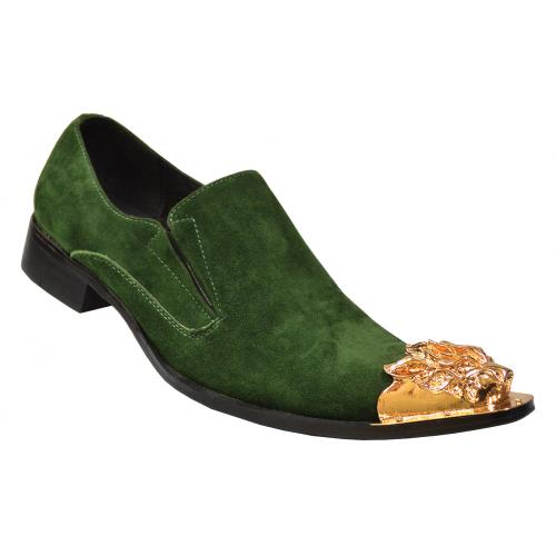 Fiesso Emerald Green Genuine Suede Loafer Shoes With Gold Metal Lion Tip FI6909