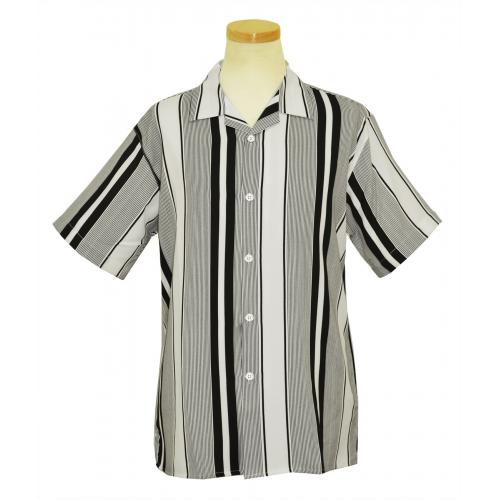 Pronti White / Black Multi Stripe Design Microfiber Short Sleeve Shirt S6239