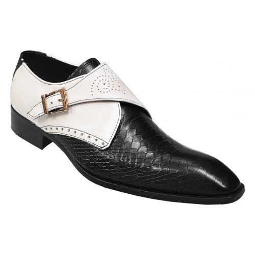 Duca Di Matiste 1110 Hand Painted Black / White Genuine Italian Calfskin / Python Design Perforated Slip-On Monkstrap Shoes