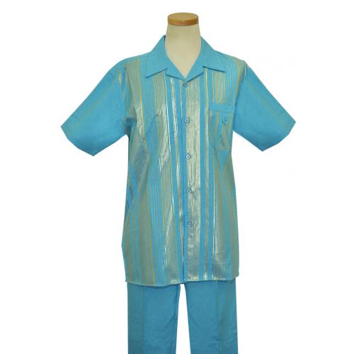 Pronti Light Turquoise / Metallic Gold Stripes 2 Piece Short Sleeve Outfit SP6164