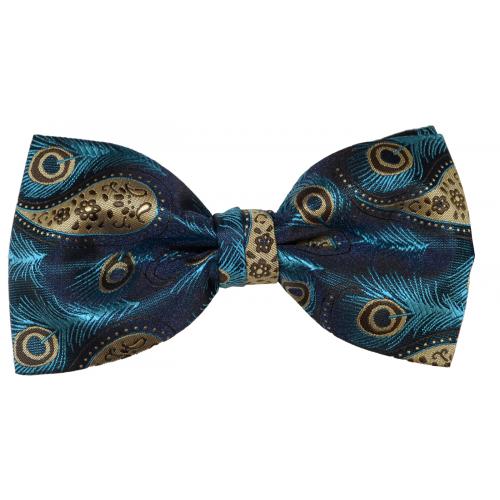 Classico Italiano Navy Blue / Turquoise / Brown Peacock Feathers 100% Silk Bow Tie / Hanky Set BH2021