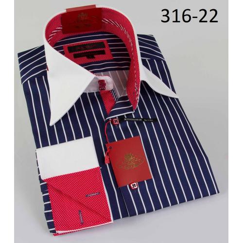 Axxess Navy Blue / White Stripes Modern Fit Cotton Dress Shirt 316-22