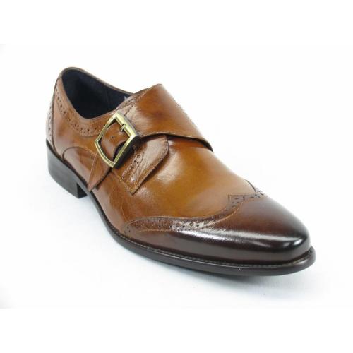 Carrucci ''KS099-710'' Brown /  Cognac  Genuine  Leather Wingtip Monk Strap Loafer Shoes.