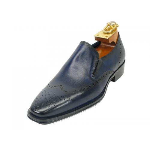 Carrucci Navy Genuine Calf Leather Perforated Loafer Shoes KS261-02.