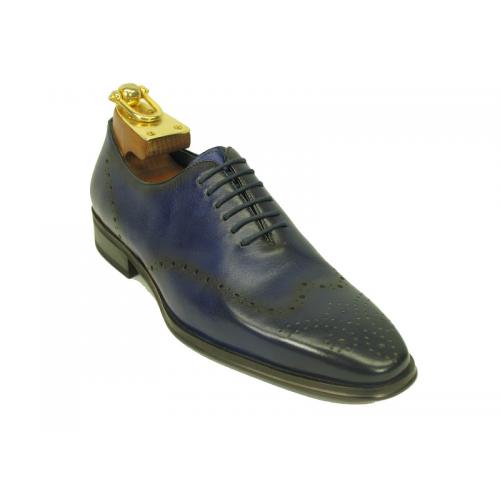 Carrucci Navy Genuine Calf Leather Perforated Oxford Shoes KS261-01.