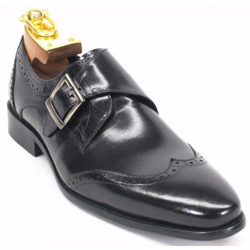 Carrucci Black Genuine Calf Leather Wingtip Monk Strap Loafer Shoes KS099-710