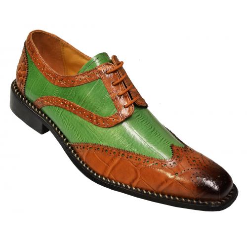 Liberty Hand Painted Tan / Green Genuine Leather Alligator Print Wingtip Shoes 827