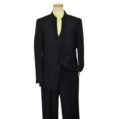 Rossi Man "Mandarin RM201" Black With Black Pick Stitching Super 150's Wool U-Neck Vested Classic Fit Suit