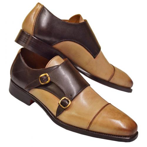Emilio Franco "202" Chocolate Brown / Beige Genuine Leather Double Monk Strap Cap Toe Shoes